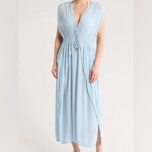 NWT Boho Me V-neck Tie Front Maxi Dress Beach Coverup Light Blue Side Slit